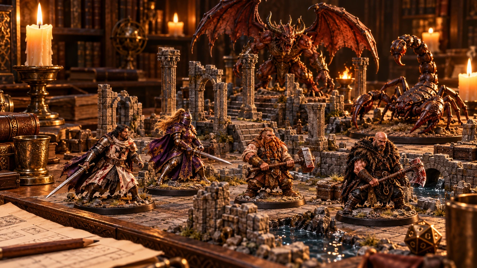 Mesa de rol con miniaturas del Monje Guerrero, la Primera Espada, el Herrero y el Pescador, frente a un demonio alado y un escorpión gigante