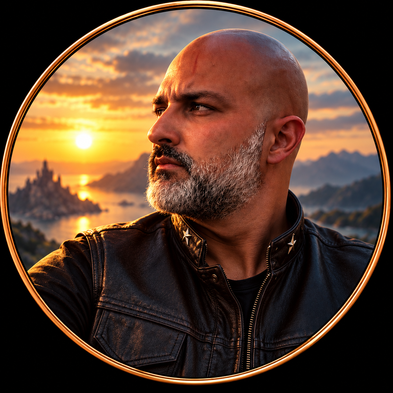 Retrato de Alejandro Quintana enmarcado en un círculo dorado, con un paisaje de fantasía al fondo.