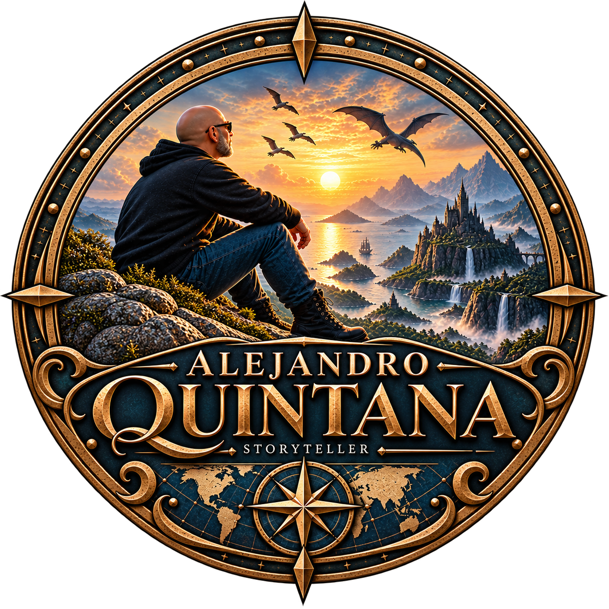 Alejandro Quintana — Storyteller: un viajero contempla un mundo de dragones y castillos, rodeado de una brújula dorada
