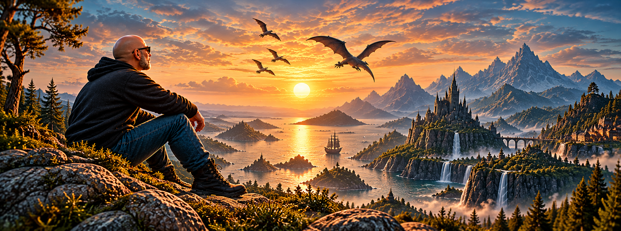 Un viajero contempla un paisaje de fantasía al atardecer, con dragones, montañas y un castillo junto al mar.